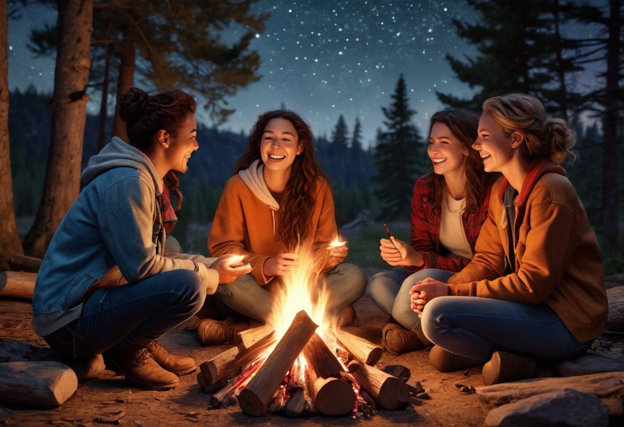A heartwarming scene depicting a diverse group of friends laughing and sharing stories around a campfire under a starlit sky, symbolizing their unbreakable bond. Include elements like warm glowing lights, maybe a scrapbook or mementos around them, showcasing their journey together. The atmosphere should feel cozy and inviting, evoking feelings of love and connection. super-realistic. warm colors. 3D.