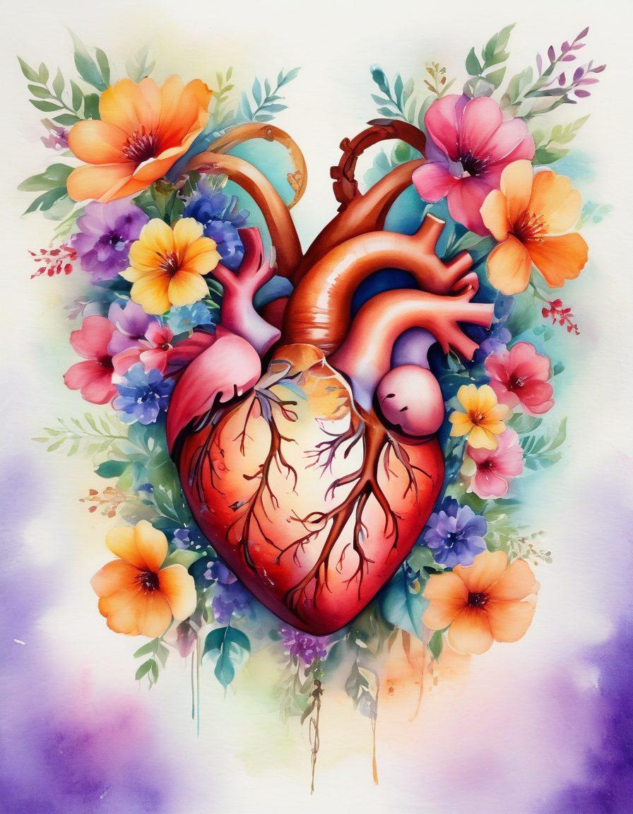 A heart intertwined with a delicate key, symbolizing the unlocking of eternal love. Surround it with vibrant flowers representing passion and connection, and include warm, radiant light that signifies warmth and togetherness. The background should be soft and dreamy, evoking a sense of romance and intimacy. watercolor style. vibrant colors.