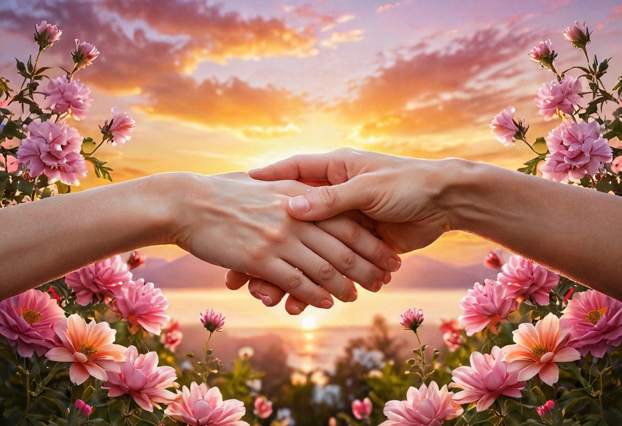 A pair of intertwined hands symbolizing love and trust, surrounded by blooming flowers representing devotion, set against a serene sunset background with soft, warm colors. The scene conveys deep emotional connection and commitment, evoking feelings of warmth and security. Super-realistic. Vibrant colors. Soft focus.